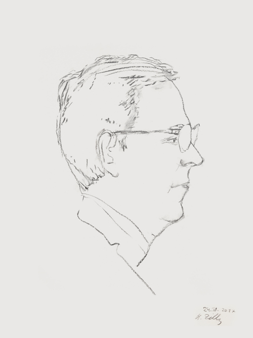 Ein gezeichnetes Portrait. Es zeigt Dr. Helmut Brötz.